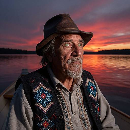 Photograph of an elderly man with a gray beard and hat, wearing a patterned vest, against a vibrant sunset over a calm lake.