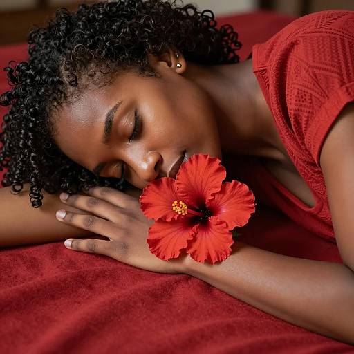 Serene Woman Blossoming with Hibiscus