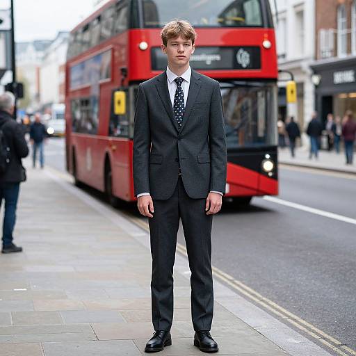 Photograph of a young, fair-skinned man with blond hair, wearing a black suit, white shirt, and polka-dot tie, standing on