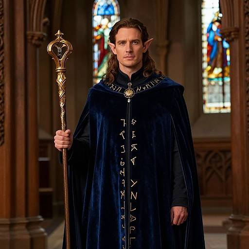 Photograph of a tall, long-haired man with pointed ears, wearing a dark blue velvet robe with silver runes, holding an ornate staff, standing