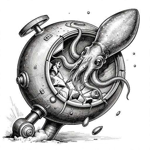 Black-and-white ink drawing of a metallic, spherical robot with a shattered front, exposing tentacles and gears, with debris flying.