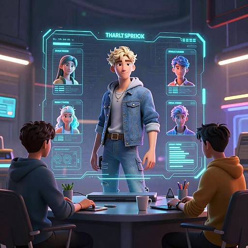 CGI digital art: Neon-lit futuristic room, two men seated at a table, observing holographic profiles of four anime-style characters on a 