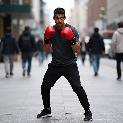 Photograph of a muscular man with short black hair, wearing red boxing gloves, black shirt, pants, and shoes, standing in a city street,