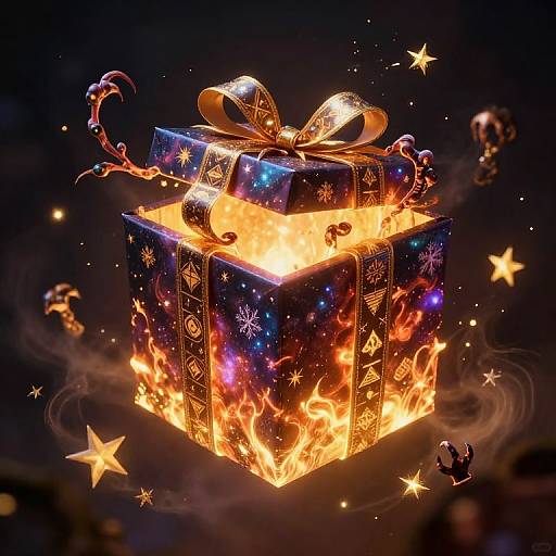A vibrant, digitally-rendered gift box with glowing, fiery edges and intricate, star-patterned wrapping, topped with a shimmering gold ribbon, surrounded