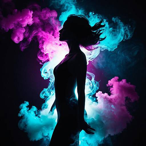 Silhouette of Woman with Cyan and Magenta Smoke