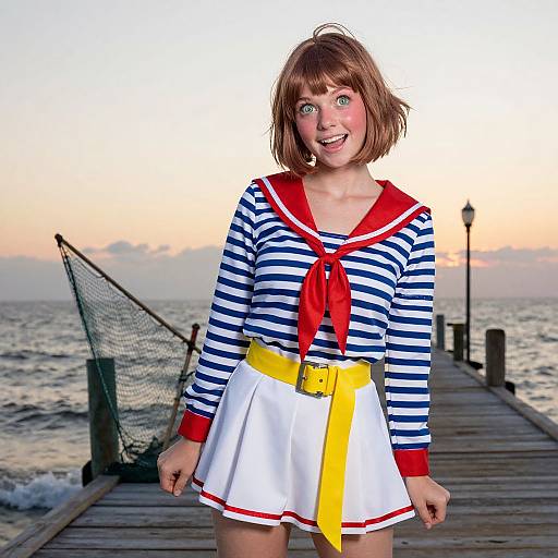 Photograph of a smiling young woman with short brown hair, wearing a striped sailor top, red neckerchief, white skirt, and yellow belt,
