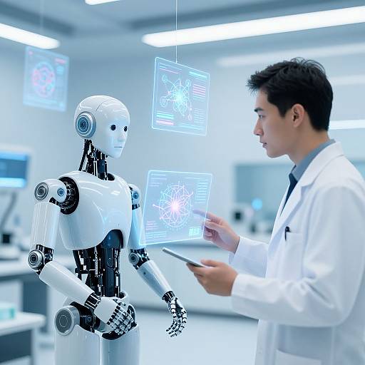 Photograph of an Asian male scientist in a white lab coat interacting with a white humanoid robot displaying blue holographic data screens in a brightly lit, modern