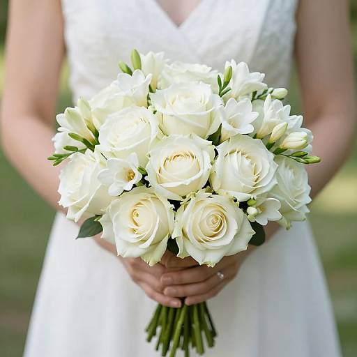 Photograph of a bride in a white lace dress holding a bouquet of white roses with green leaves, close-up shot.