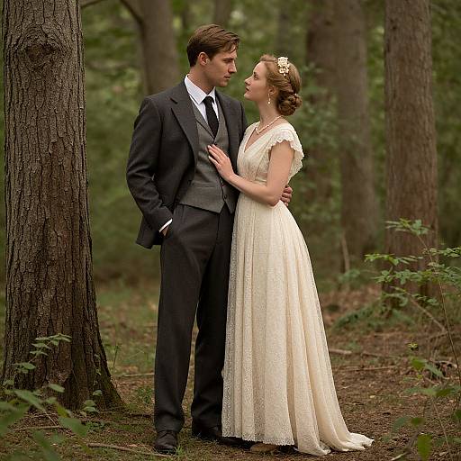 Photograph of a bride in a white lace dress and groom in a black suit standing intimately in a forest, with trees in the background.