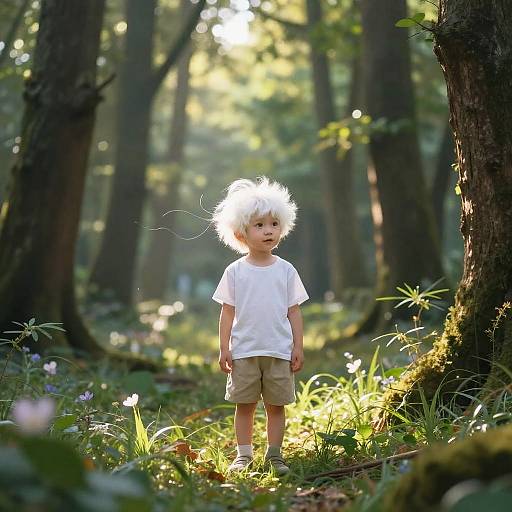 Photograph of a young boy with white curly hair, wearing a white t-shirt and beige shorts, standing in a sunlit forest. Sunbeams