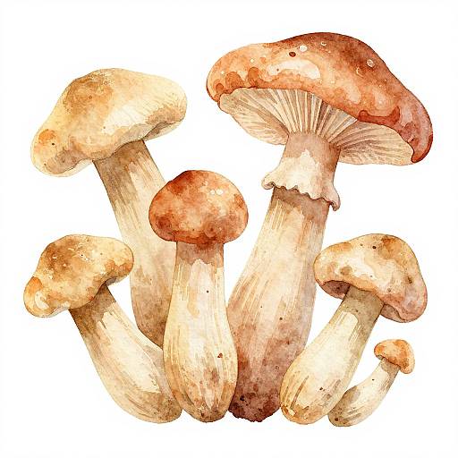 Watercolor painting of a cluster of various-sized brown and beige mushrooms with detailed gills and textured caps, set against a white background.
