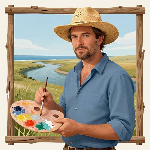 Photorealistic digital painting of a bearded man in a blue shirt and straw hat, holding a paint palette and brush, set against a scenic river