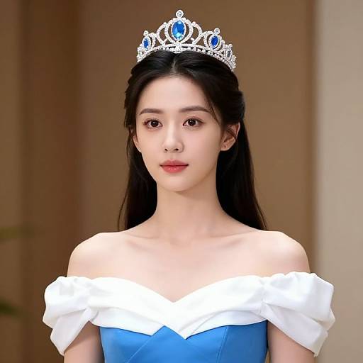 Regal Woman in Blue and White Dress