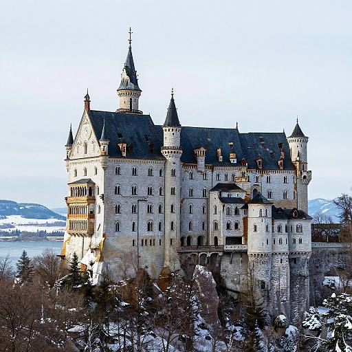 Photograph of a grand, snow-capped medieval castle with multiple spires and turrets, surrounded by winter trees, set against a clear blue sky