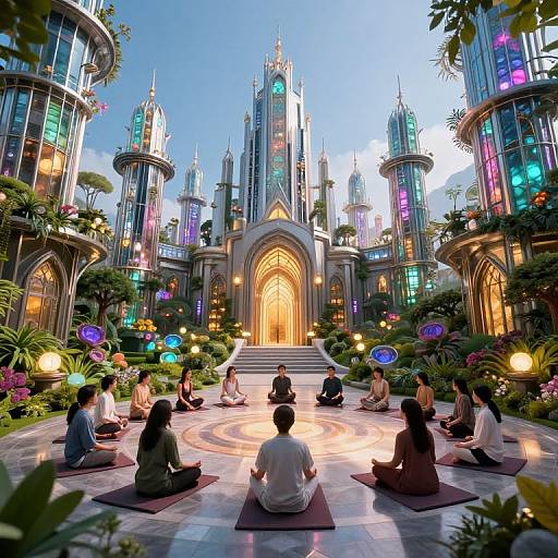 Fantasy Glass City with Meditators