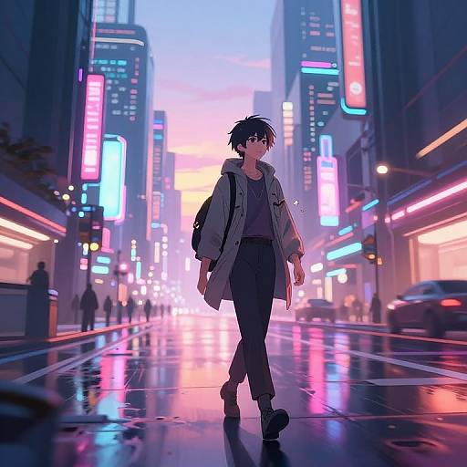 Digital anime-style illustration of a young man with messy black hair, wearing a grey coat and black pants, walking alone on a neon-lit, rainy