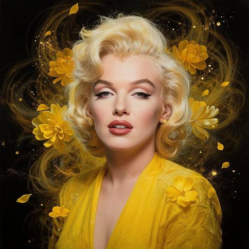 Digital portrait of Marilyn Monroe with platinum blonde hair, wearing a yellow floral dress, surrounded by glowing yellow flowers and petals against a black background.