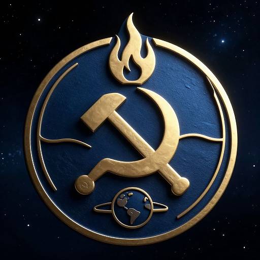 Gold hammer and sickle with flame, encircled by a blue circle, planet, and wire, against a starry night sky. Digital art