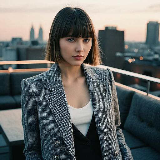 Fashion Model with Arched Bangs on Rooftop