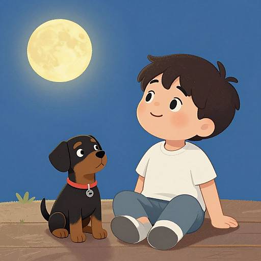 Cartoon-style drawing of a smiling boy with black hair, wearing a white shirt and blue pants, sitting on a wooden surface, looking at a black