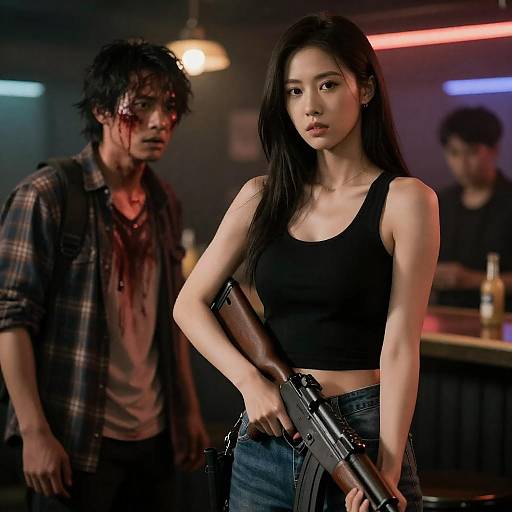 Determined Woman Vigilante in Neon Bar