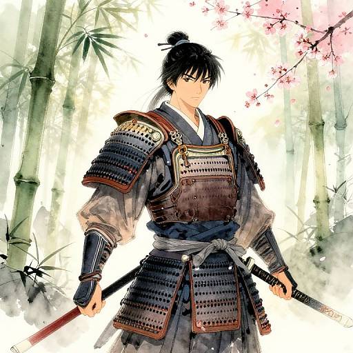 Digital anime-style drawing of a samurai with black hair in a topknot, wearing detailed armor, holding a sword, set against a bamboo and