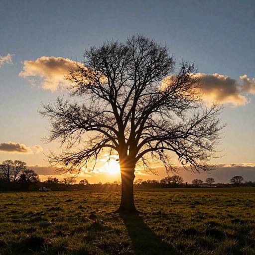 Photograph of a silhouetted, leafless tree at sunset, with golden sunlight peeking through branches, against a blue and orange sky.