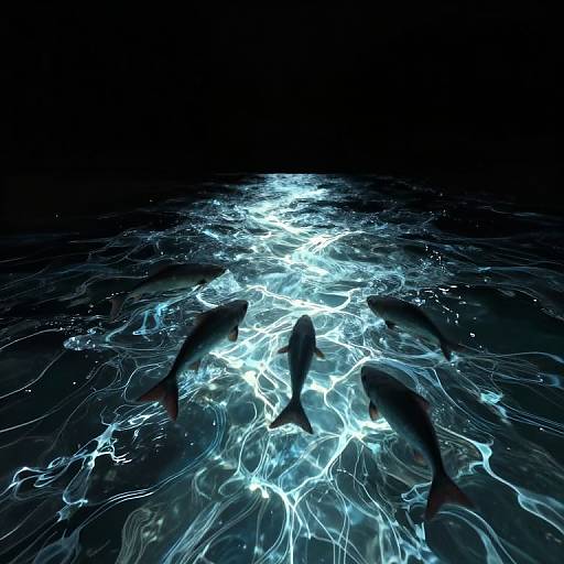 Photograph of five silhouetted fish swimming in bright, glowing, blue-lit ocean water under a dark, starless night sky.