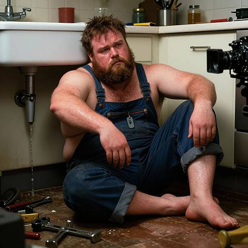 Photograph of a bearded, muscular man with sweaty skin, wearing blue denim overalls, sitting barefoot on a dirty kitchen floor, surrounded by