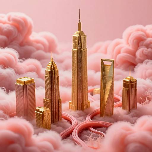 Digital artwork of golden skyscrapers surrounded by pink, fluffy clouds with a winding highway beneath, creating a surreal cityscape.
