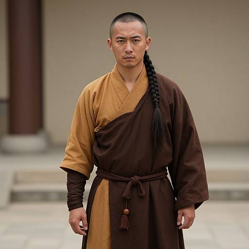 Photograph of a serious young male Buddhist monk with a long black braid, wearing a brown and tan robe, standing outdoors.