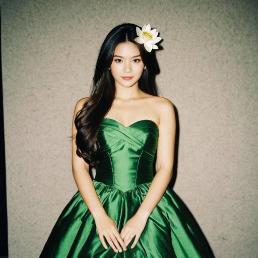 Woman in Green Strapless Dress with Lotus Flower Hair Accessory