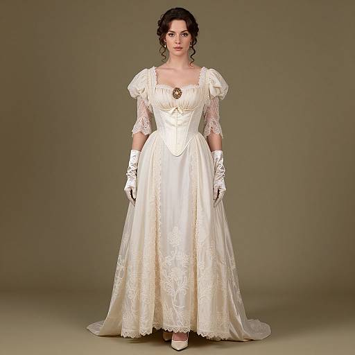 Photograph of a woman with dark curly hair wearing an elegant, white, Victorian-style lace wedding dress with puffed sleeves and gloves, standing against a