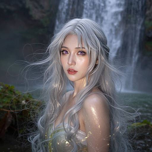Ethereal Woman with Silver Hair by Waterfall