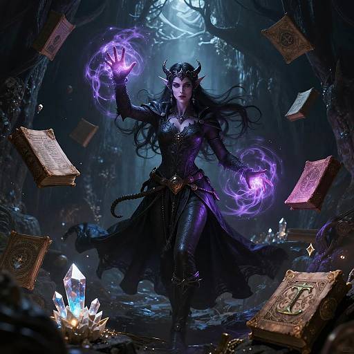 Digital fantasy artwork of a dark, horned sorceress casting purple magic, surrounded by floating books and glowing crystals in a mystical, cave-like setting