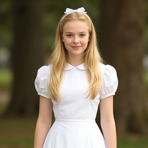 Photograph of a young blonde girl with fair skin, wearing a white dress and bow headband, smiling outdoors in a forested area.