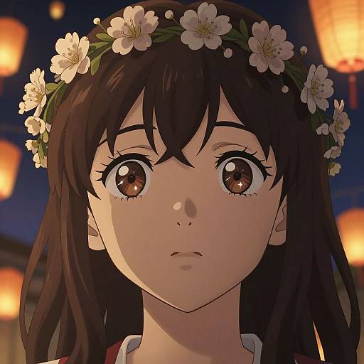Anime-style close-up of a young girl with large, brown eyes, wearing a white flower crown, set against a night sky with glowing lanterns.