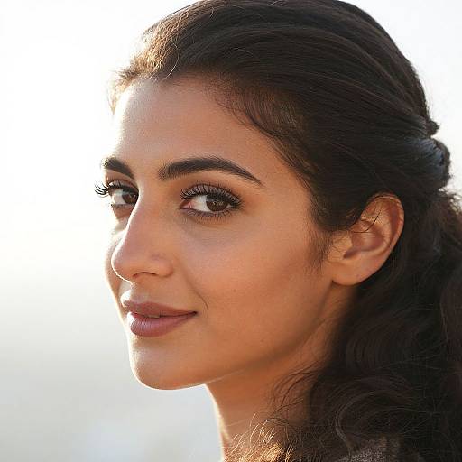 Photograph of a young woman with medium brown skin, dark brown eyes, long black hair in a loose ponytail, and subtle makeup, smiling softly