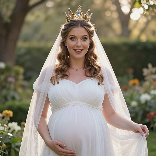 Photograph of a pregnant woman with wavy brown hair, wearing a gold crown, white wedding dress, and veil, standing in a sunlit garden