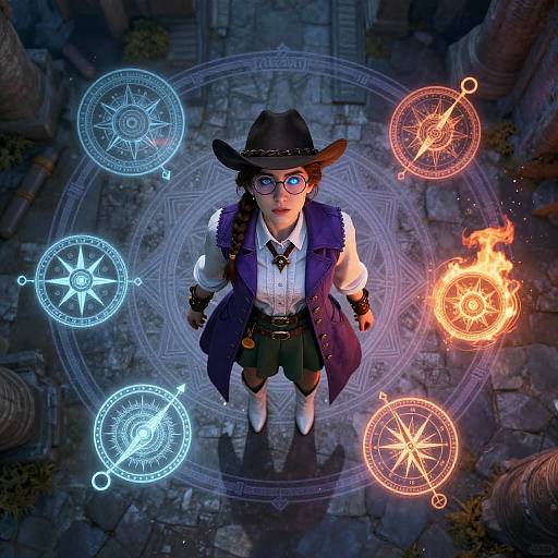CGI image of a young wizard with glasses, black hat, white shirt, blue vest, and green shorts, standing on a stone floor, surrounded