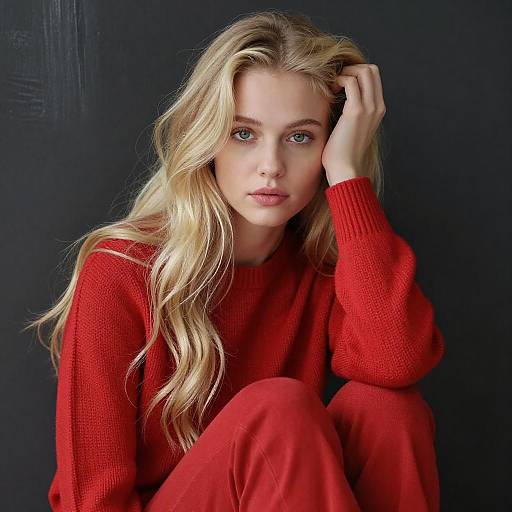 Young Woman in Red Knitted Outfit
