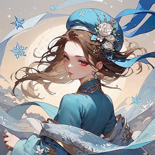 Digital anime-style portrait of a beautiful, fair-skinned woman with red eyes, wearing a blue hat adorned with white roses, blue jacket, and blue