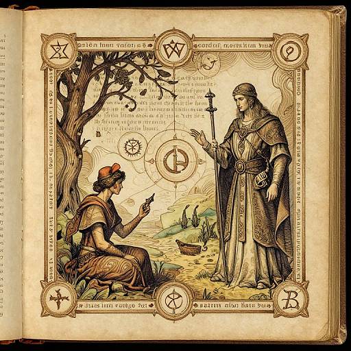 Illustrated medieval manuscript page featuring a robed, staff-wielding male figure and a seated woman under a tree, surrounded by astrological symbols.