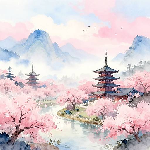 Watercolor Asian Landscape with Pagodas