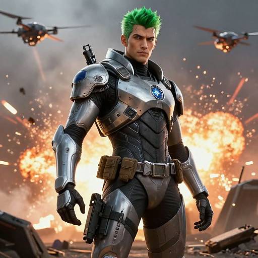CGI image of a muscular, green-haired man in silver and black armored suit, standing confidently in an explosive battlefield with helicopters.