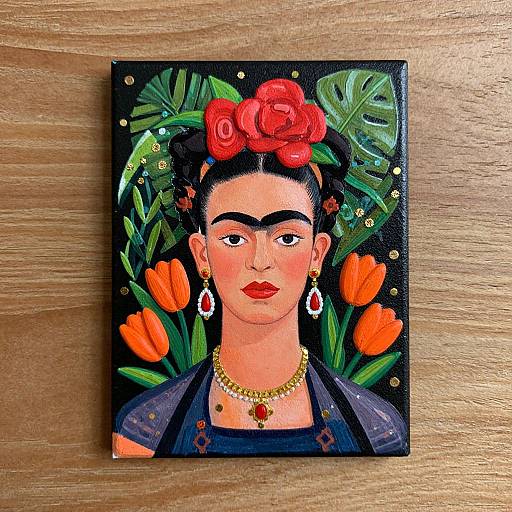 Vibrant painting of Frida Kahlo with dark hair, red flower, orange tulips, green leaves, and red earrings, on wooden surface
