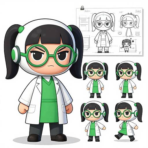 Chibi-style digital drawing of an anime girl with black pigtails, green glasses, white lab coat, green vest, and black pants. Background