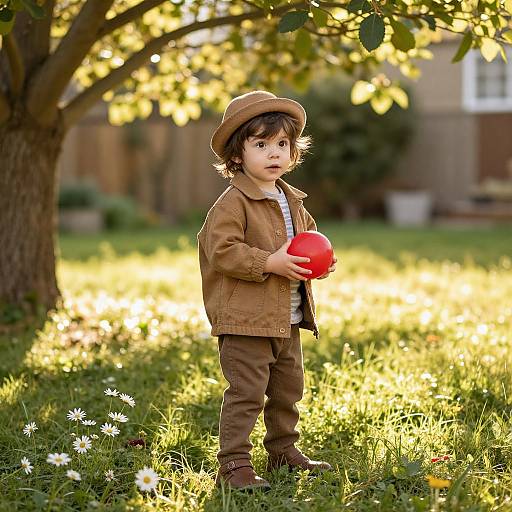 Photograph of a young boy with curly brown hair, wearing a brown hat, jacket, and pants, holding a red ball in a sunlit grass