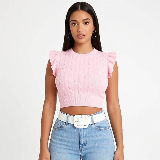 Photograph of a young woman with long black hair, wearing a pink ribbed crop top, white belt, and light blue jeans, standing against a