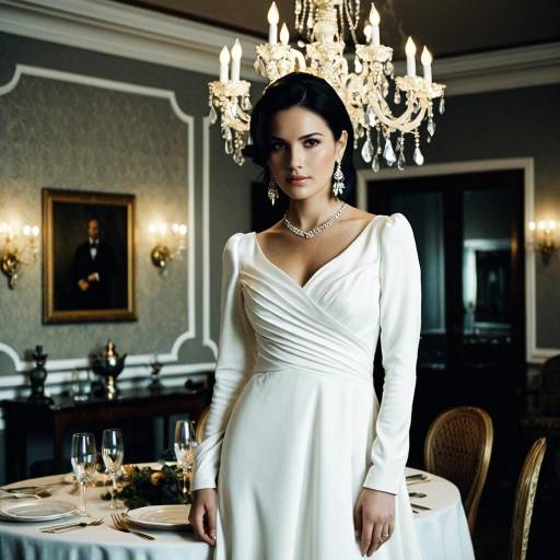 Elegant Woman in White Dress at Formal Dining Room